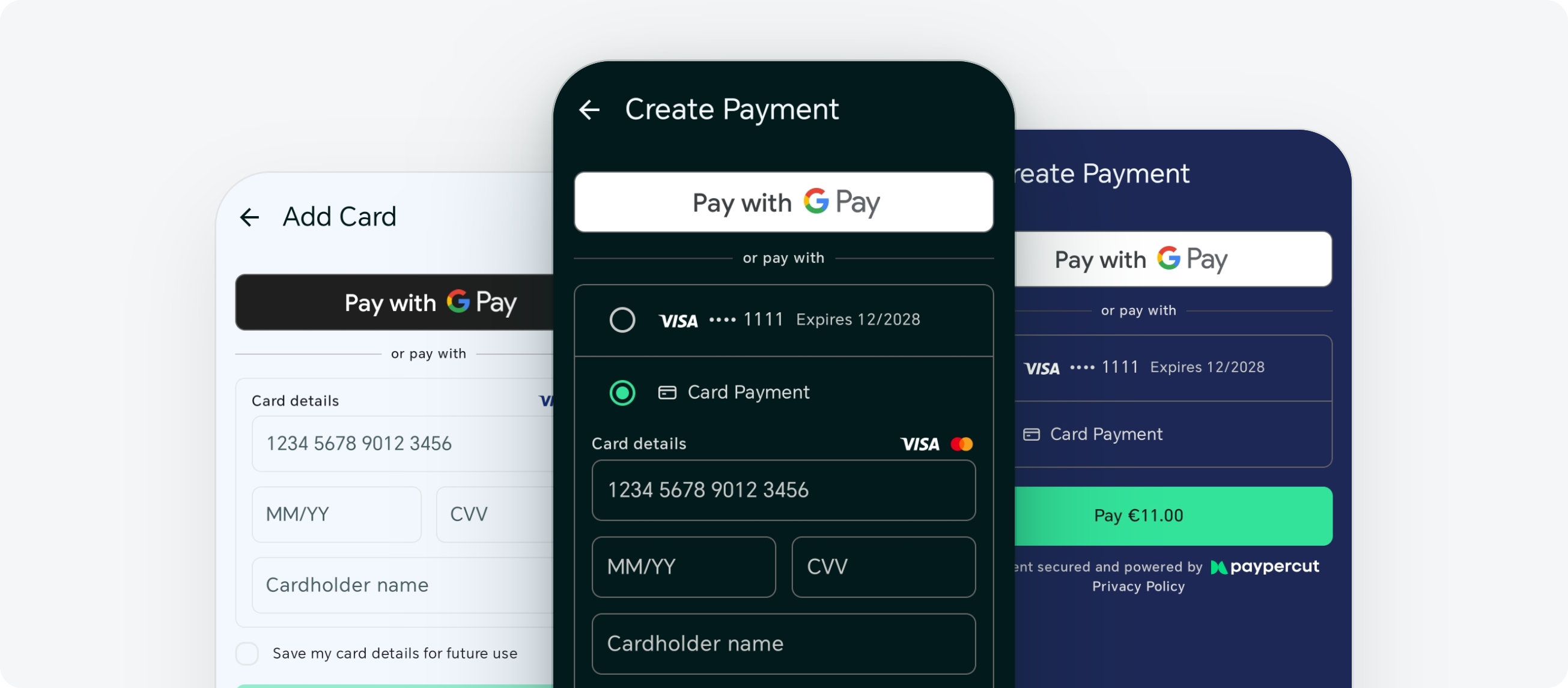The Paypercut native payment sheet on Android — Add Card, a card payment with billing, and a dark-mode checkout with a saved card