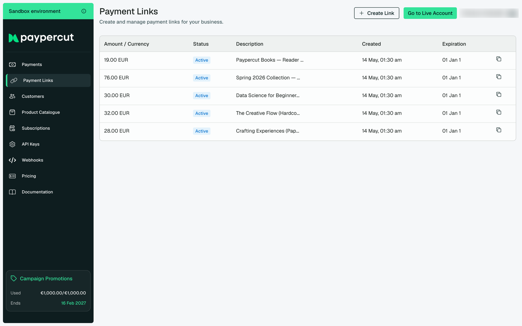 Payment links list