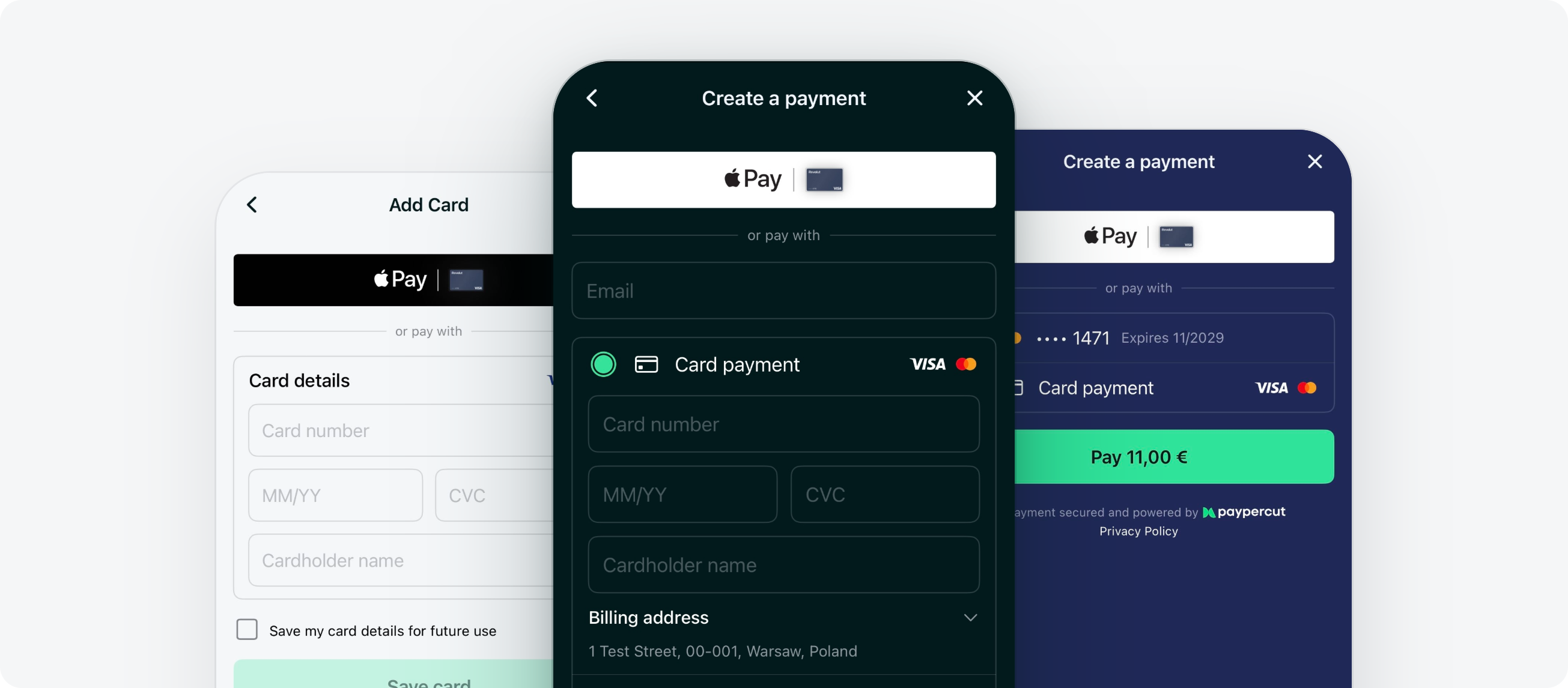 The Paypercut native payment sheet on iOS — Add Card, a card payment with billing, and a dark-mode checkout with a saved card