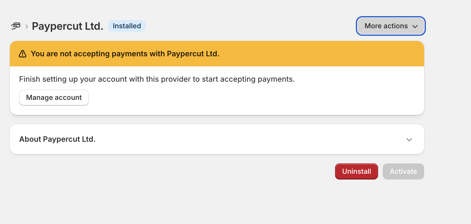 Installed Paypercut provider with the Manage account button