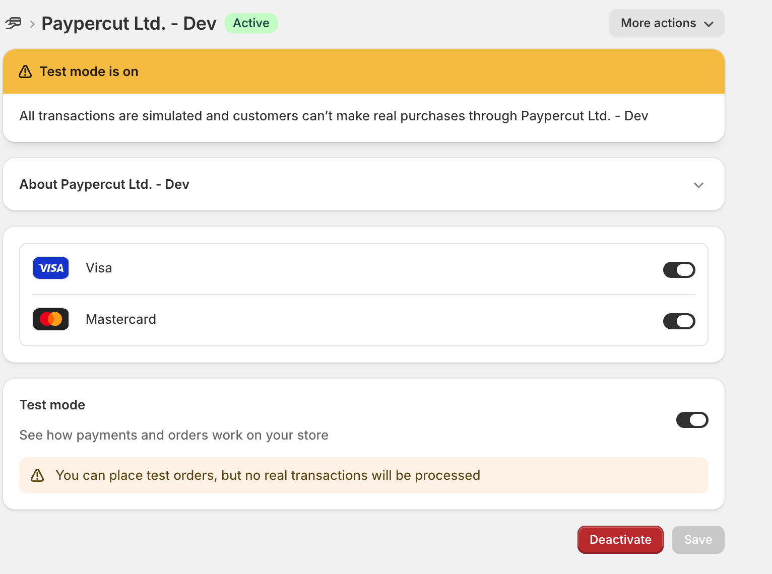 Paypercut payment method with the Test mode toggle